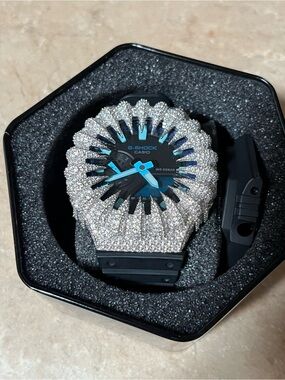 G-Shock Black Watch with Blue Dial and moissanite-Encrusted Bezel